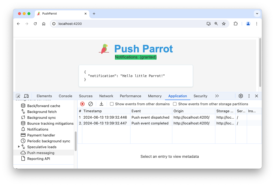 Screenshot: Investiget Push Messaging in the Google Chrome Developer Tools