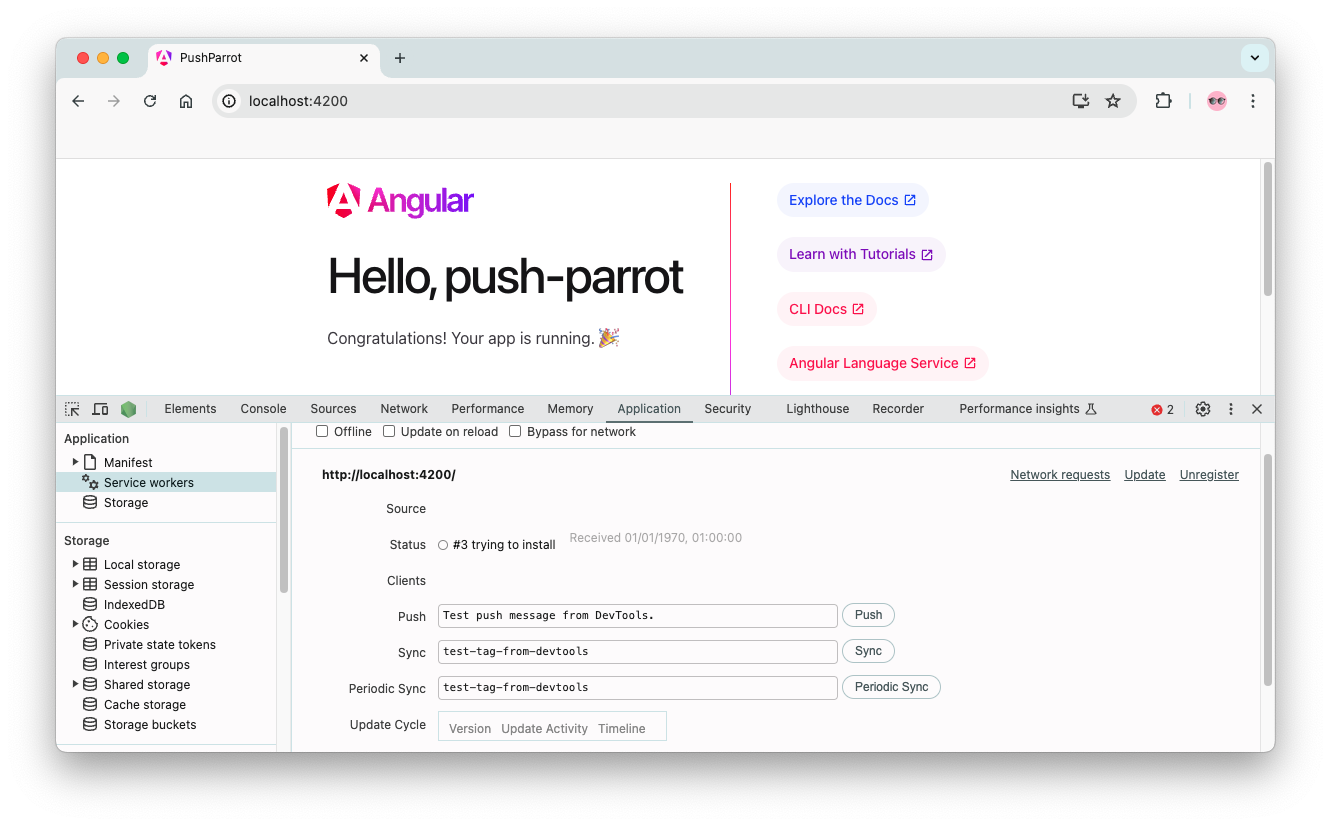 Screenshot: Started Angular app with the "ngsw" service worker registered