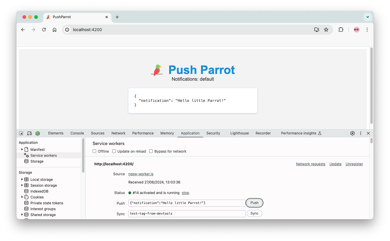Screenshot: Chrome Developer Tools - use the "Push" feature to simulate push messages